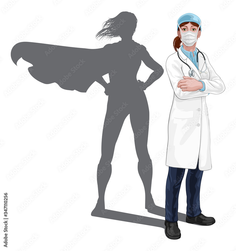 A female doctor super hero woman with stethoscope and mask PPE. With arms folded and serious but caring look. Revealed as a superhero by the shape of her shadow. - obrazy, fototapety, plakaty 
