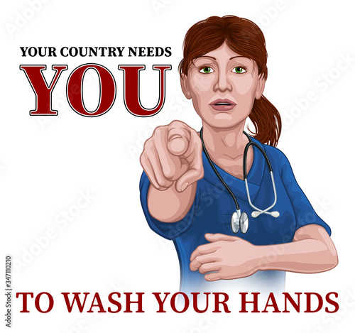 Cuadros en Lienzo A woman nurse or doctor in surgical or hospital scrubs pointing in a your country needs or wants you gesture