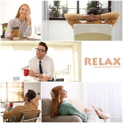 Poster - Collage of different people resting indoors and word Relax