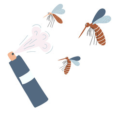 Repellent spray in the bottle. Protection from the mosquito and other insect. Aerosol for bug bite prevention. Vector illustration in cartoon style