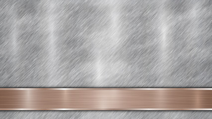 Background consisting of a silver shiny metallic surface and one horizontal polished bronze plate located below, with a metal texture, glares and burnished edges