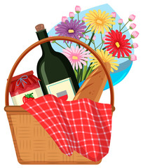 Canvas Print - Picnic basket with flowers and food on white background