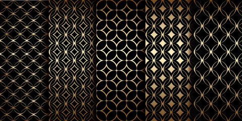 Canvas Print - golden geometric seamless patterns with round linear shapes, art deco motif