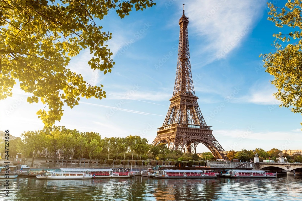 Boat In River Against Eiffel Tower - obrazy, fototapety, plakaty 
