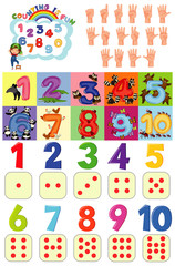 Wall Mural - counting numbers with hands and dots on white background