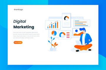Wall Mural - Illustration of digital marketing analyst landing page template. Modern flat design concept business marketing strategy, business analysis for web page, mobile applications, posters, banners