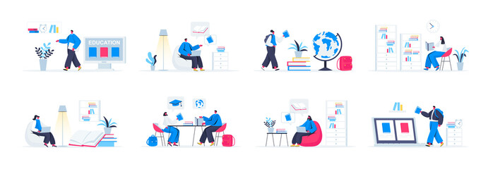 Bundle of education scenes. Distance learning program in university, students studying in library and at home flat vector illustration. Bundle of formal education with people characters in situations.