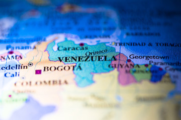 Geographical map location of country Venezuela in South American continent on atlas