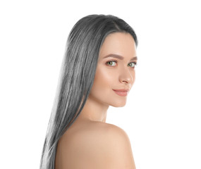 Wall Mural - Portrait of young woman with beautiful grey colored hair on white background