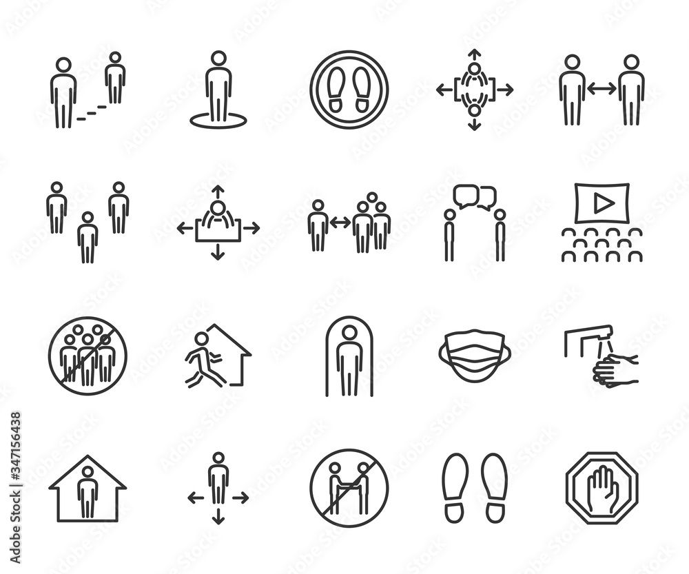 Vector set of social distance line icons. Contains icons safe distance, self-isolation, avoiding crowds, stay home, talking at a distance, safe workplace, and more. Pixel perfect. - obrazy, fototapety, plakaty 