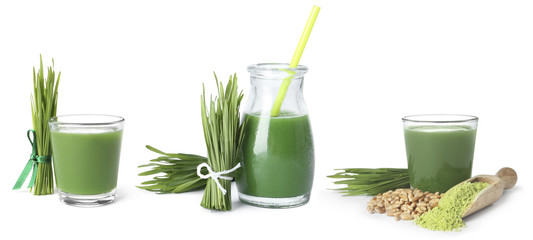 Set of fresh wheat grass juice on white background. Banner design