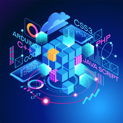 Wall Mural - programming web banner. technology process of software development