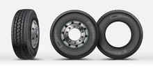 Front View, Side View Of A Heavy Truck Lorry Isolated On White. 3D Illustration. Tire Icon On White Background, Vector Symbol. Rubber Tyres. Big New Tire For Truck. Car Wheel.