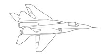 Vector Line Art Airplane, Concept Design. Military Plane Black Contour Outline Sketch Illustration Isolated On White Background. Stroke Without Fill. Cower Drawing. Black-white Icon. Vehicle. Graphic