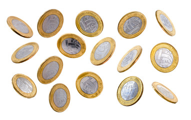 Brazilian real coins one falling isolated on white background, concept of luxury or Brazilian economy.