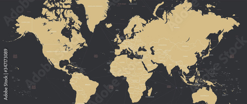 Leinwand Poster Detailed world map in retro colors with borders and country names, widescreen ve