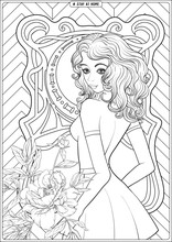 Woman Portrait In Front Of A Window And Slogan, Tag Stay At Home. Coloring Page For The Adult Coloring Book. Outline Hand Drawing Vector Illustration..