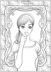 Wall Mural - Woman portrait in front of a window and slogan, tag stay at home. Coloring page for the adult coloring book. Outline hand drawing vector illustration..