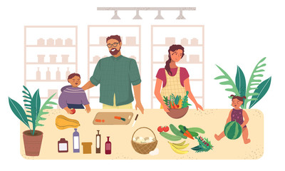 Family at home preparing food in the kitchen vector illustration in flat style. Mom, dad and kids in the kitchen are preparing to eat and have fun. Isolation and homemade healthy food. 