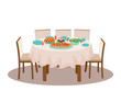 Vector illustration of table with meal for family dinner pizza, apple pie, cupcake, juice, salad