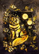 Magic Forest Cat, Fairytale Creature With A Large Beautiful Fluffy Tail And Breast, With Mushrooms Growing On The Head, With Eyes And Mustache, Sit With Mice Among Plants And Flowers Under The Moons.