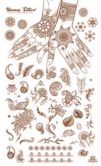 Female hand and set of traditional indian henna tattoo elements. Vector illustration.