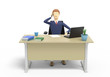 Businessman is talking on a cell phone sitting next to a desk on white background. 3D illustration