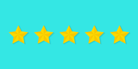 Wall Mural - Five flat golden stars with shadow. Consumer rating vector icon on color background. Vector illustration.