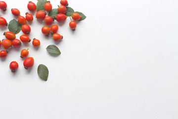 Wall Mural - Autumn composition with red rose-hips on white table background. Fall, Halloween and Thanksgiving design. Flat lay, top view.