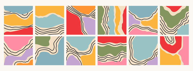 various lines, curves and shapes. marble texture effect. colorful abstract patterns. backgrounds, wa