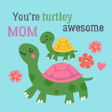 Fototapeta Dinusie - Mother's day greeting card design with cute turtle. Childish print for cards, stickers, apparel and nursery decoration