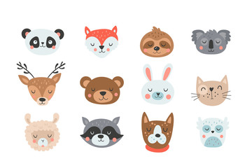 Wall Mural - Cute animals heads set.