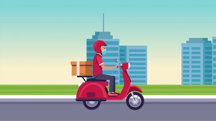 Canvas Print - delivery service in motorcycle animation