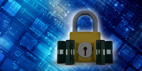 3d illustration Database storage security concept. Disk with lock
