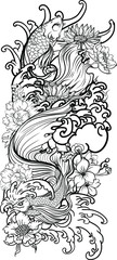 Wall Mural - Colorful Siamese fighting fish or betta fish swimming in Japanese wave with peony and daisy flowers for hand drawn tattoo art design in  geometric and circular ornament frame