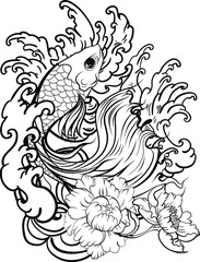 Wall Mural - Colorful Siamese fighting fish or betta fish swimming in Japanese wave with peony and daisy flowers for hand drawn tattoo art design in  geometric and circular ornament frame