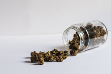 A jar whit cannabis on white background