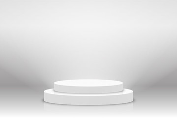 Poster - White 3d podium mockup in circle shape. Empty stage or pedestal mockup illuminated with spotlight. Podium or platform for award ceremony and product presentation