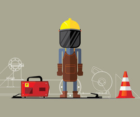 Wall Mural - Welder. Construction worker cartoon character wearing hot work protective equipment. Welding apron, face cover.