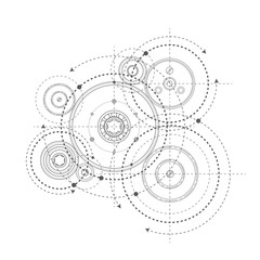 Wall Mural - Rotating mechanism of round parts .Engineering technical drawing on a white background. Gears on a white background .