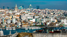 Bosphorus Of Istanbul, Halic, Buildings, Mosque Minarets, Blue Sky, Daylight, European Side, Asian Side, Harsh Light