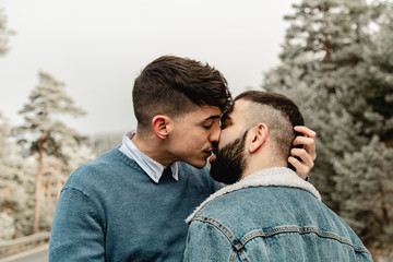 Gay couple in love at the forest