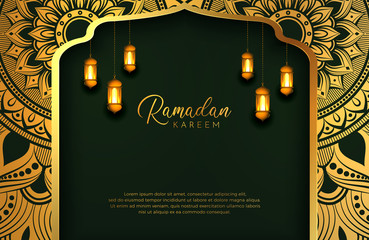 Wall Mural - Ramadan Kareem background with gold and green color luxury style. Vector illustration for Islamic holy month celebrations decorated with lantern and mandala arabesque. Month of fasting for Muslims