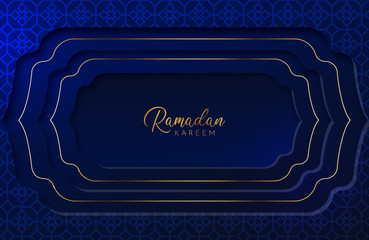 Wall Mural - Ramadan Kareem background with gold and blue color paper cut style. Vector illustration for Islamic holy month celebrations. Month of fasting for Muslims