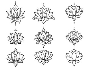 Wall Mural - set of lotus mehndi flower pattern for henna drawing and tattoo. decoration in oriental, indian styl