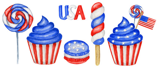 4th of july Watercolor patriotic cupcake macaron in colors of the USA flag. For sweet cake american design compositions, Independence Day of America, Flag, Memorial Day party celebration decor concept