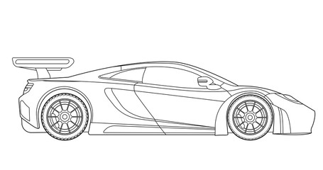 Vector line art car, concept design. Vehicle black contour outline sketch illustration isolated on white background. Stroke without fill. Cower drawing. Black-white icon.