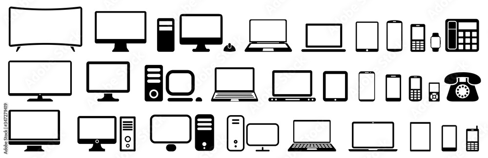 Set technology devices icon: tv, computer, laptop, tablet, smartphone. mp3, watch - vector - obrazy, fototapety, plakaty 