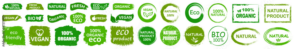 Organic natural bio labels set icon, healthy foods badges, fresh eco vegetarian food – for stock - obrazy, fototapety, plakaty 