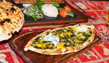Spinach And Egg Pide, Pita Flat Bread And Puff Hot Lavash Or Lavas Homebaked Specialty
